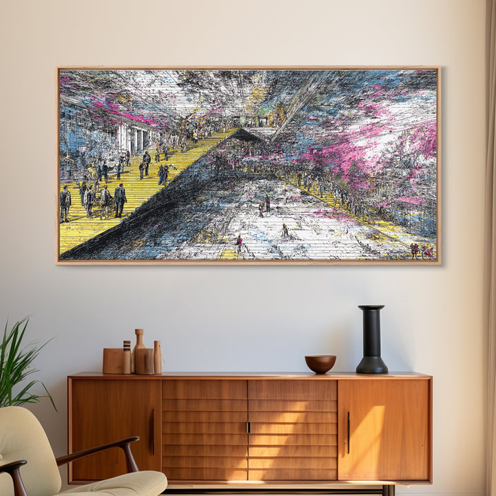 Futuristic City Transit Sketch With Yellow Stairs Wall Art, Urban Modern Art Print, Abstract Gallery Decor, Statement Canvas