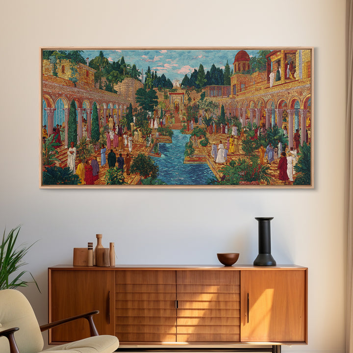 Lush Palace Garden With Arches And Pool Framed Canvas Print, African Inspired Wall Art, Elegant Cultural Home Decor Gift