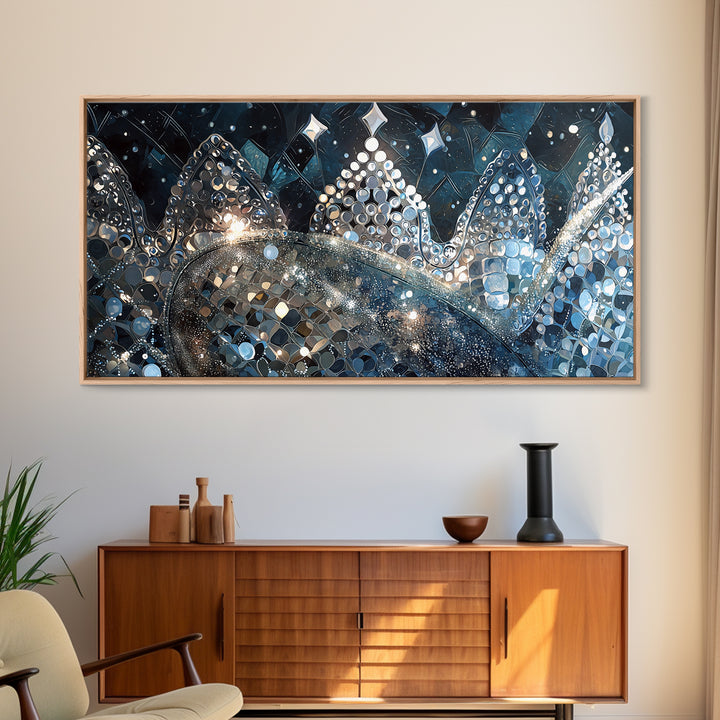 Jeweled Blue Silver Crowns And Stars Canvas Print, Abstract Wall Art, Luxury Black Gold Decor, Dreamy Modern Gallery Gift