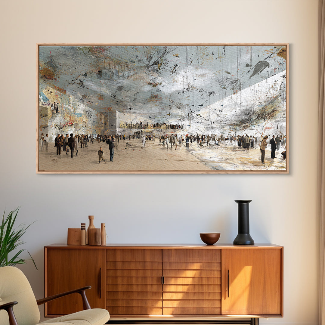 Vast White Museum Crowd And Light Beam Wall Art, Contemporary Abstract Art Print, Modern Office Decor, Large Gallery Canvas