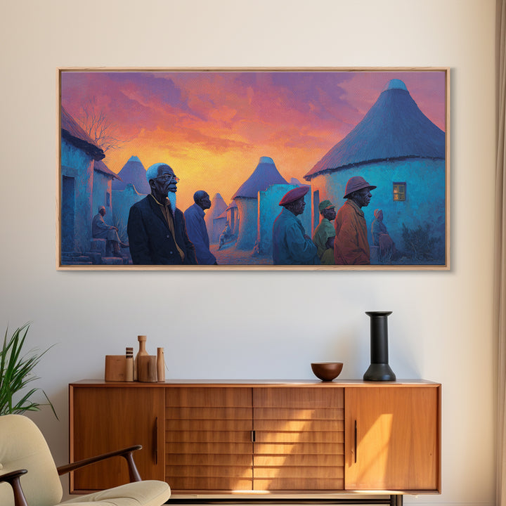Blue Round Huts At Fiery Sunset Wall Art, African Village Painting, Afrocentric Decor, Cultural Landscape Canvas Print Gift