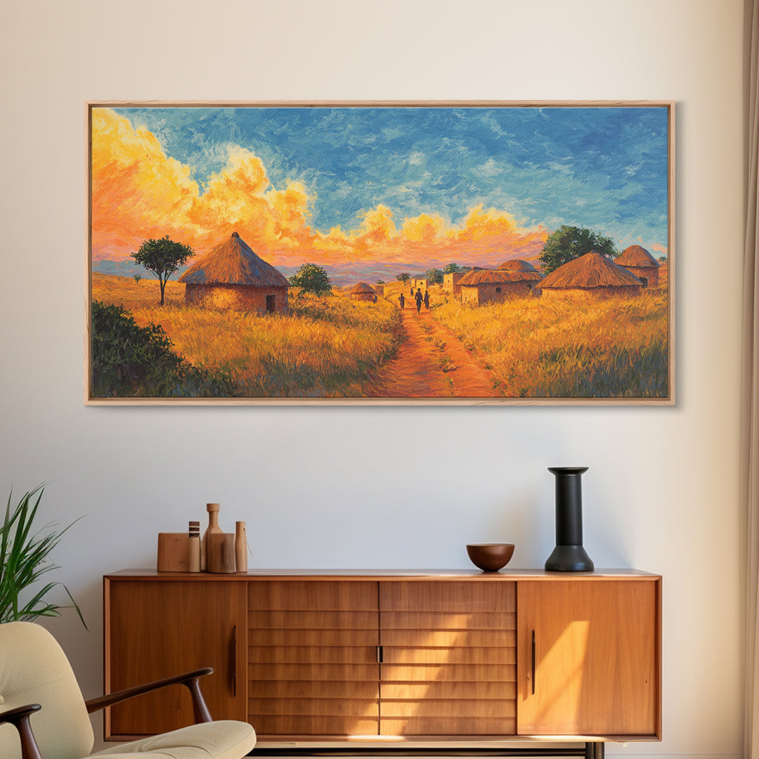 Golden Savanna Huts Under Brilliant Clouds Canvas Print, African Landscape Wall Art, Safari Decor, Motherland Home Art Gift