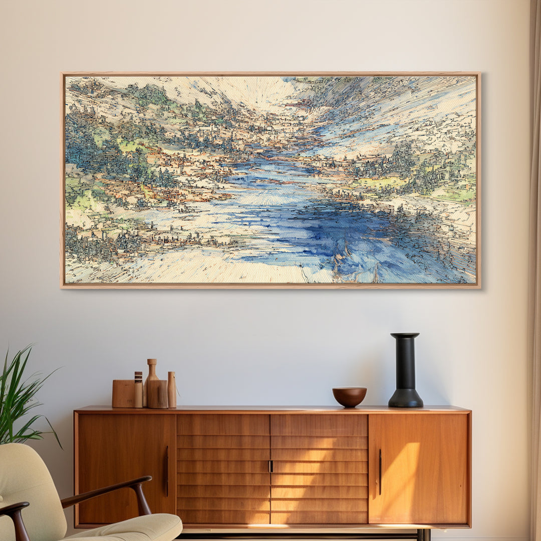Blue Mountain Valley River And Villages Wall Art, African Landscape Art Print, Serene Nature Decor, Modern Canvas Home Gift