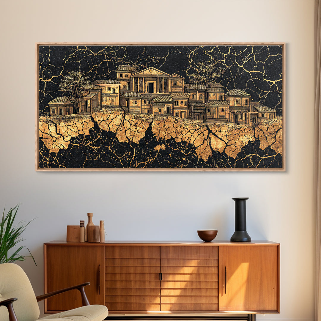 Golden Ancestral Palace On Cracked Stone, Luxury African Wall Art, Black Gold Architecture, Statement Living Room Decor Gift