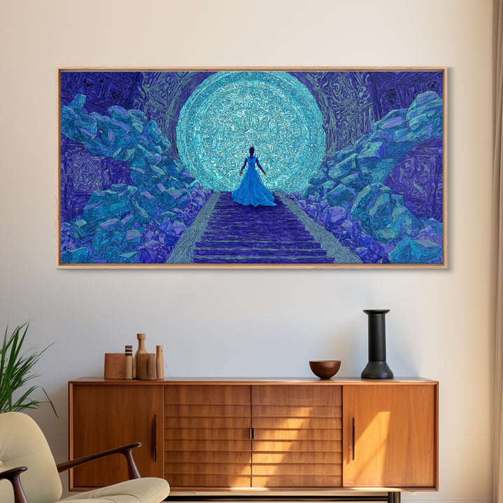 Blue Goddess Before Luminous Moon And Stone Stairway Framed Canvas Print, Mystical Wall Art, Spiritual Afrocentric Bedroom Decor Gift