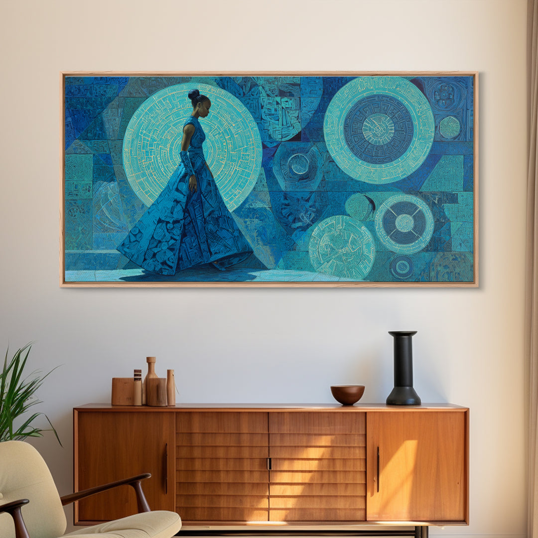 Blue Gown African Woman With Geometric Circles Canvas Print, Modern Afrocentric Wall Art, Elegant Feminine Home Decor Gift