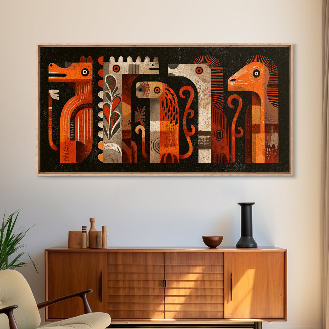 Orange Tribal Bird And Animal Figures Canvas Print, African Inspired Wall Art, Boho Geometric Safari Home Decor, Mid Century Gift