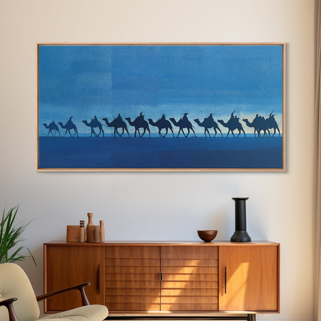 Blue Desert Camel Caravan Silhouette Wall Art, African Safari Print, Nomad Travel Decor, Modern Blue Landscape Poster Gift