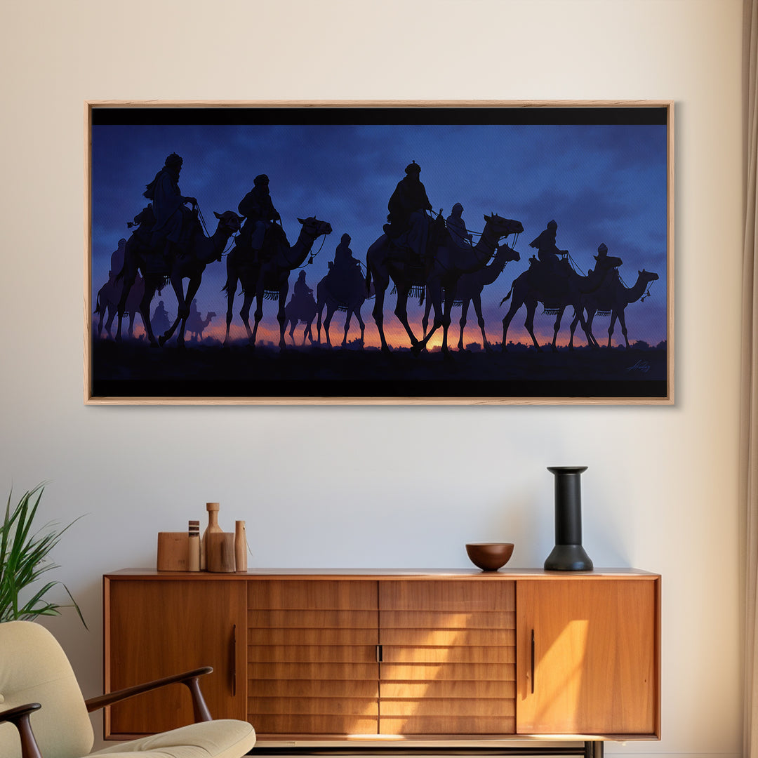Twilight Camel Caravan Silhouette Framed Canvas Print, African Travel Wall Decor, Blue Desert Nomad Landscape Art Gift For Him