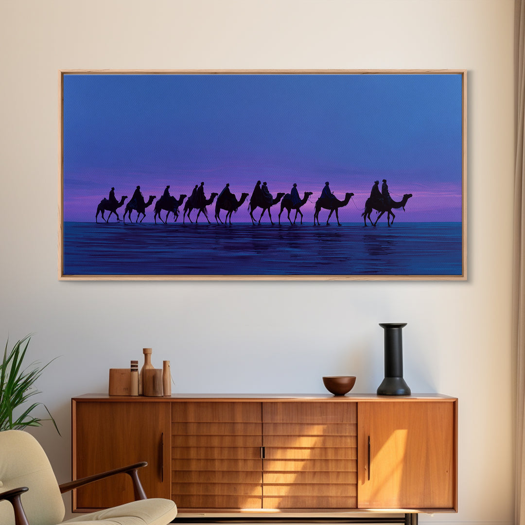 Purple Sunset Camel Caravan Canvas Print, African Safari Wall Art, Coastal Desert Silhouette Decor, Boho Travel Gift Idea