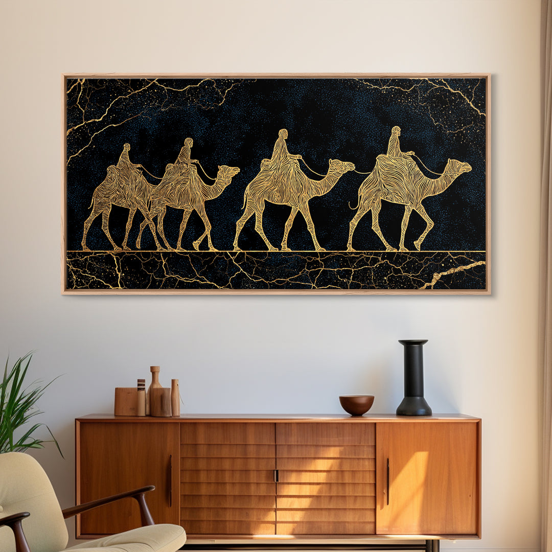 Gold Line Camel Caravan Wall Art, Black And Gold African Safari Print, Desert Nomad Decor, Luxury Canvas Style Gift For Her