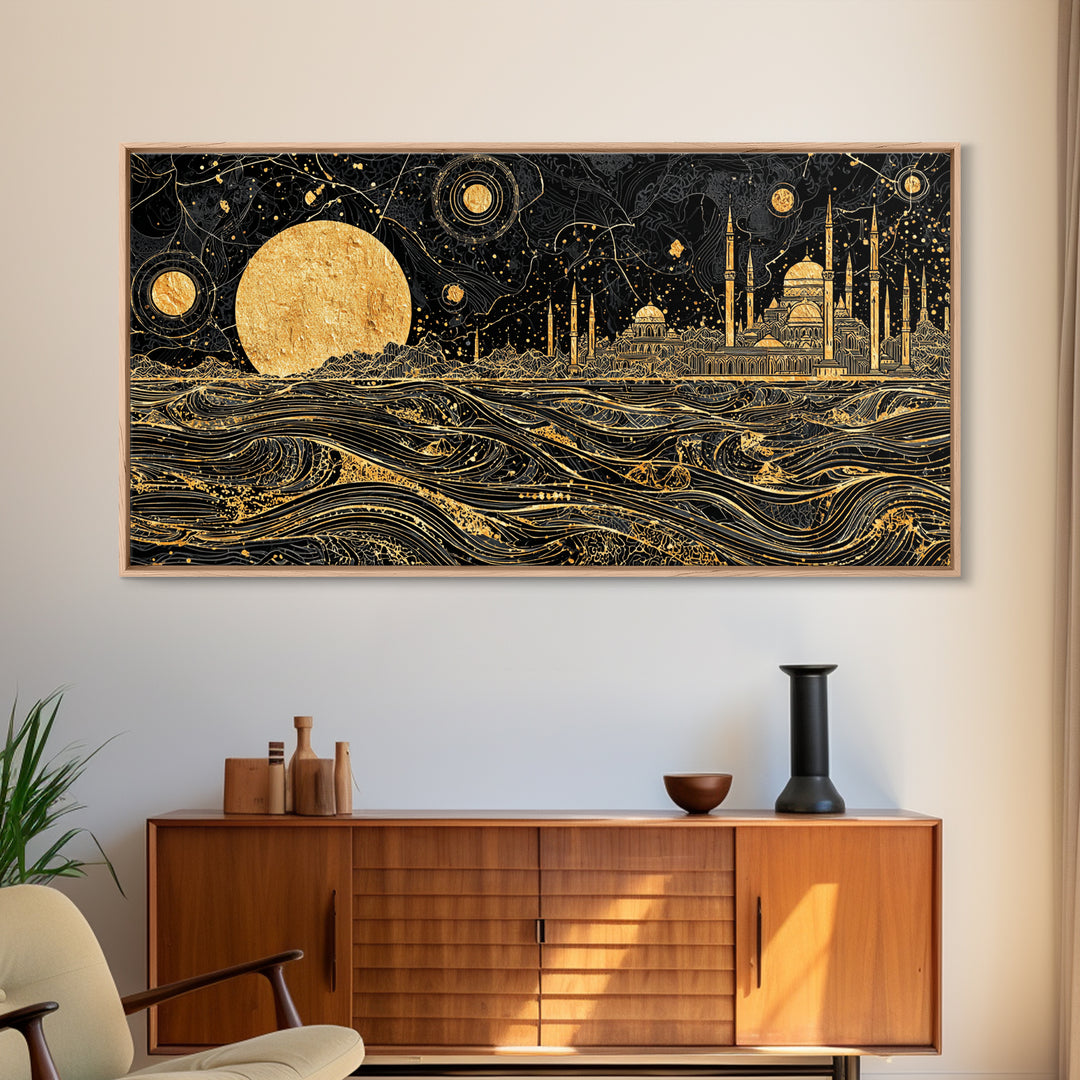 Gold Moon Mosque Skyline Canvas Print, Black And Gold Wall Art, Moroccan Travel Decor, Mystical Night Landscape Gift Idea
