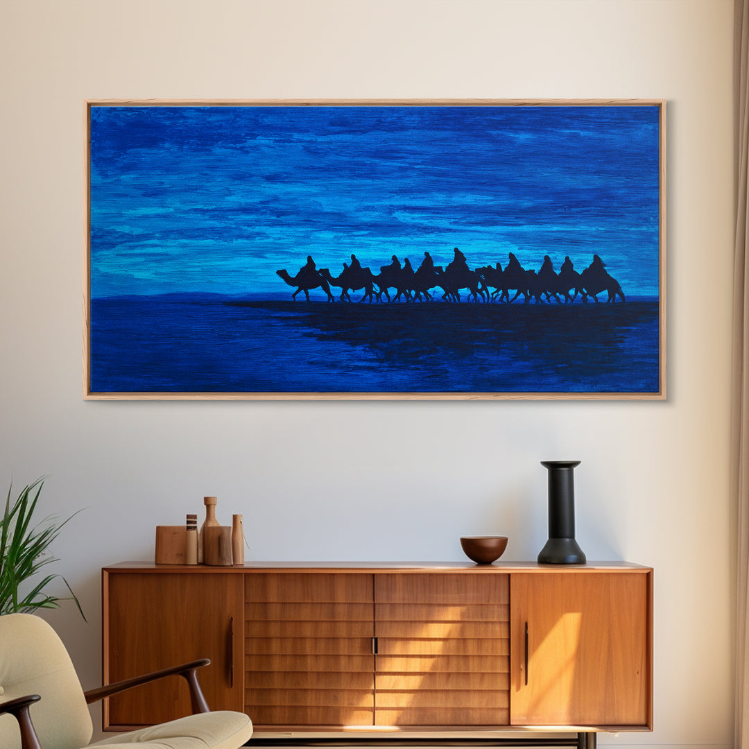 Deep Blue Camel Caravan Silhouette Wall Art, African Safari Poster, Desert Travel Decor, Modern Landscape Canvas Gift Idea