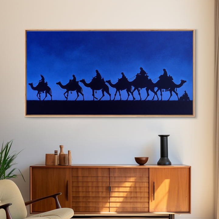 Cobalt Camel Caravan Silhouette Canvas Print, African Wall Art, Minimalist Desert Travel Decor, Blue Nomad Art Gift For Him