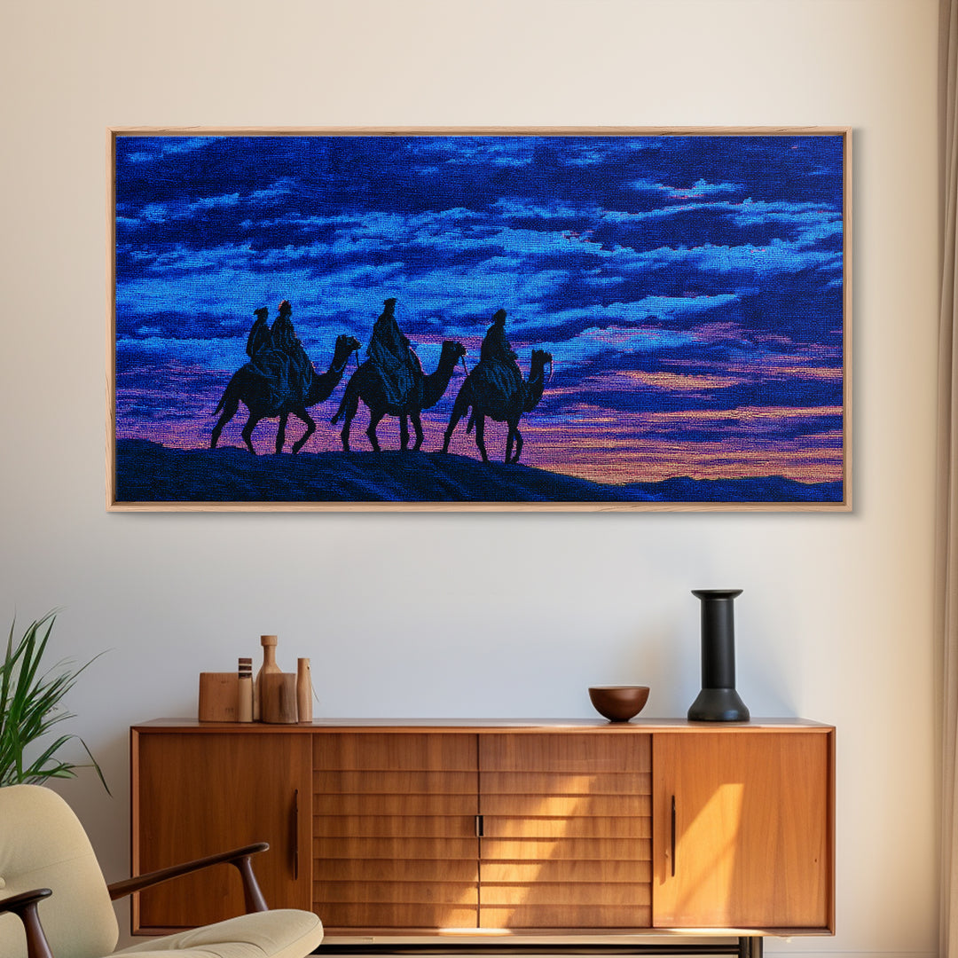 Textured Blue Sunset Camel Caravan Wall Art, African Safari Print, Purple Desert Silhouette Decor, Dreamy Travel Gift Idea