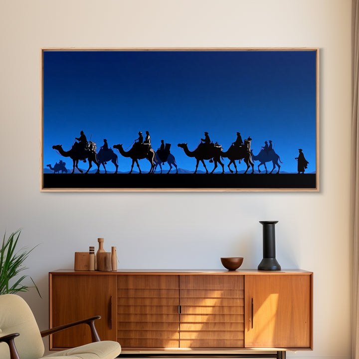 Bright Blue Camel Caravan Journey Silhouette Canvas Print, African Safari Wall Art, Desert Nomad Decor, Travel Gift For Him