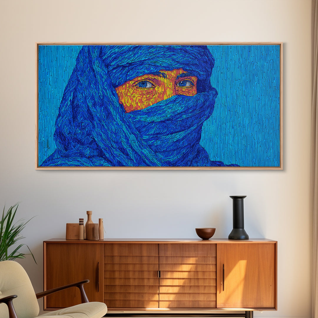 Blue Veiled African Woman Portrait Wall Art, Tuareg Inspired Afrocentric Decor, Bold Black Beauty Canvas For Living Room