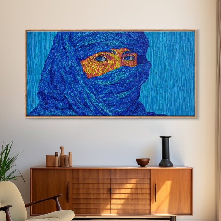 Blue Veiled African Woman Portrait Wall Art, Tuareg Inspired Afrocentric Decor, Bold Black Beauty Canvas For Living Room