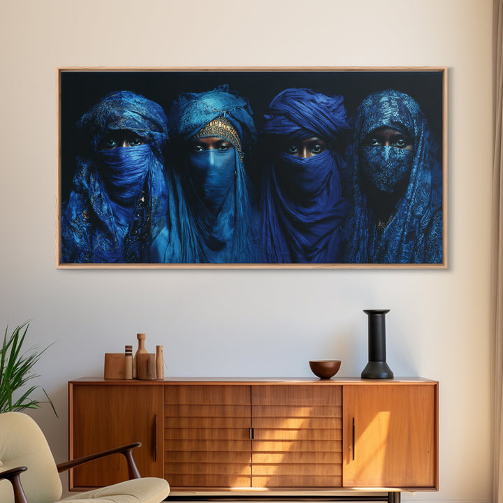 Four Blue Veiled African Women Framed Canvas Print, Tuareg Portrait Wall Decor, Afrocentric Black Culture Art Gift For Home Decor