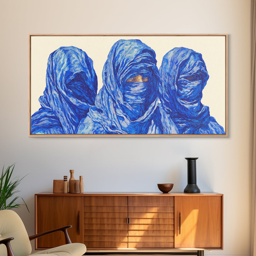Three Blue Veiled Figures Wall Art, African Tribal Portrait Painting, Textured Tuareg Decor For Afrocentric Living Room Art