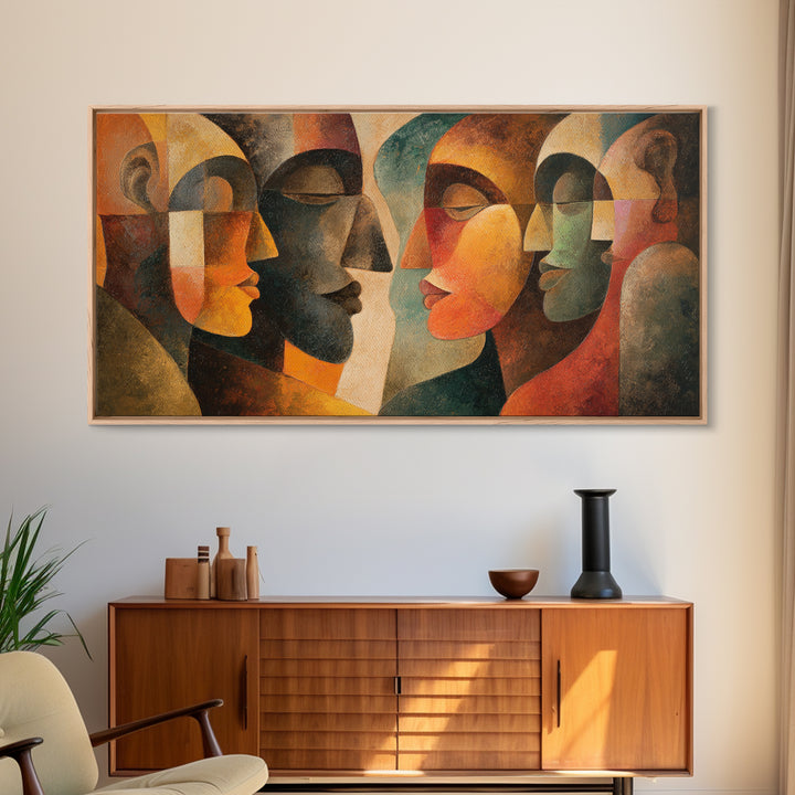 Abstract Cubist African Mask Faces Canvas Print, Earth Tone Tribal Wall Decor, Modern Ethnic Art For Home Gallery Decor Gift
