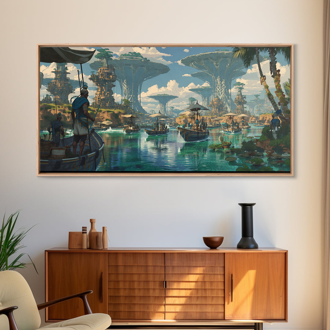 Afrofuturist African Waterfront City Wall Art, Sci Fi Landscape Canvas, Modern Black Art Decor For Living Room Statement Piece