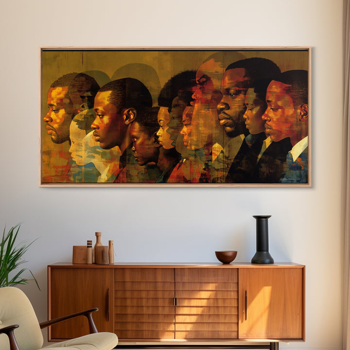 Layered Black African Profiles Framed Canvas Print, Abstract Portrait Wall Decor, Afrocentric Culture Art For Home Gallery Decor