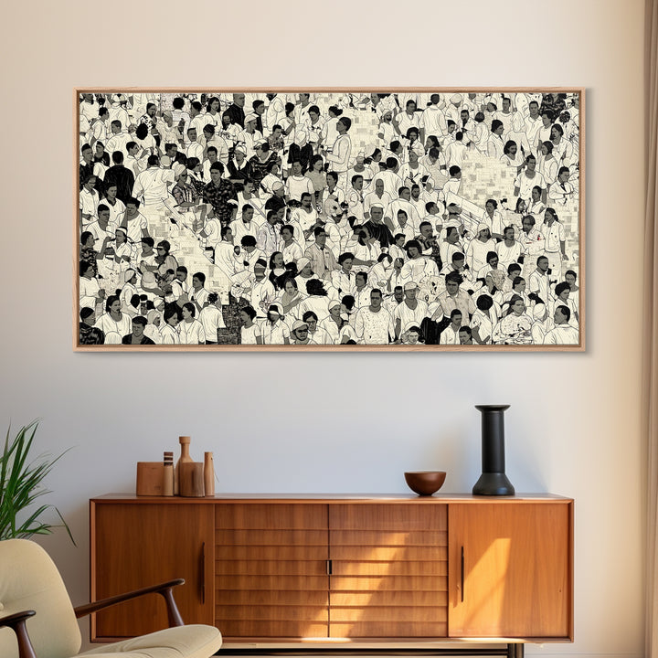 Monochrome African Crowd Scene Wall Art, Afrocentric Black Culture Print, Diaspora People Decor, Modern Gallery Canvas Gift