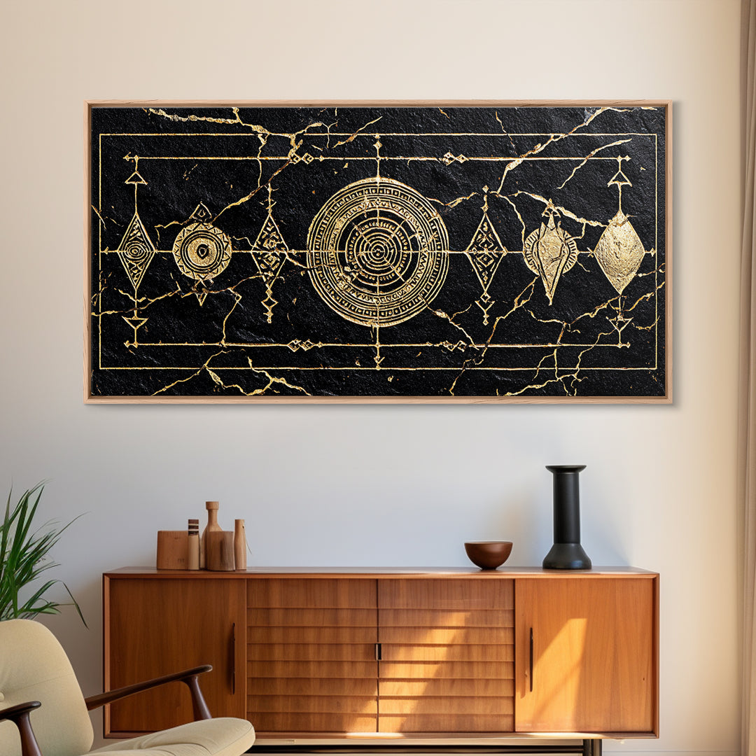 Black Gold African Geometric Symbols Framed Canvas Print, Tribal Pattern Wall Decor, Afrocentric Luxury Abstract Art Gift