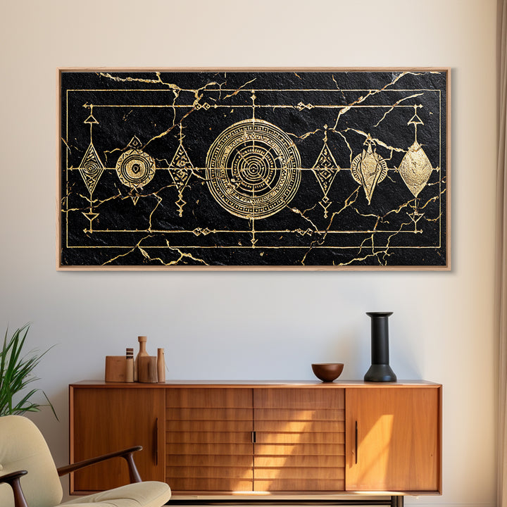 Black Gold African Geometric Symbols Framed Canvas Print, Tribal Pattern Wall Decor, Afrocentric Luxury Abstract Art Gift