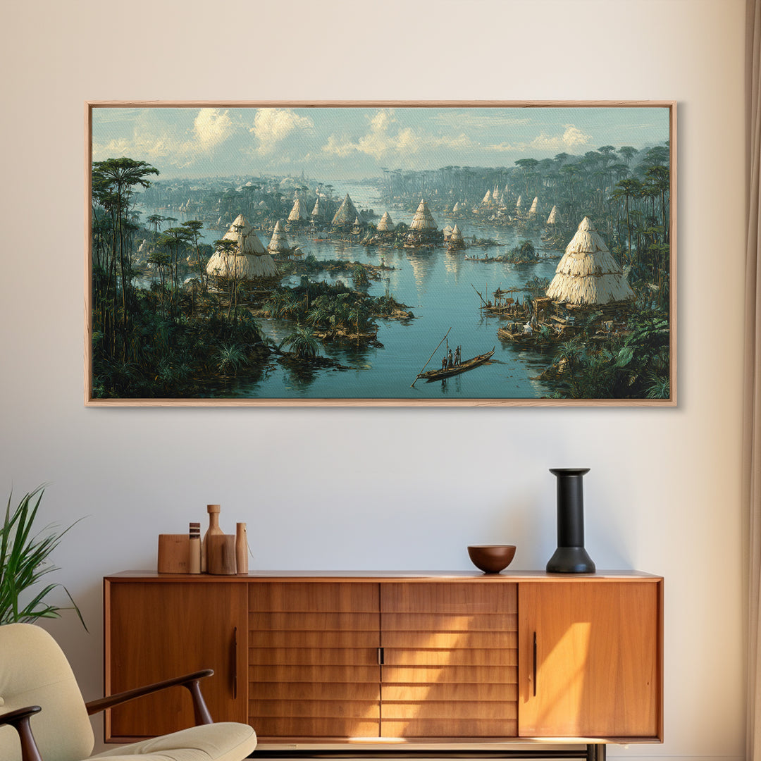 Misty African Wetland Village Wall Art, Thatched Hut Canoe Landscape Print, Authentic Cultural Safari Home Decor Canvas Gift