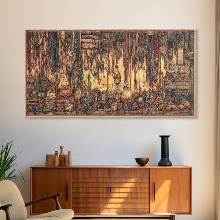 Rustic African Market Interior Canvas Print, Tribal Jewelry And Textile Wall Decor, Warm Boho Cultural Living Room Art Gift