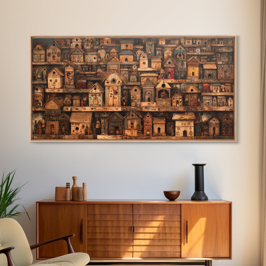 Rustic African Village Birdhouse Houses Wall Art, Tribal Architecture Canvas, Earth Tone Cultural Home Decor Gift For Living Room