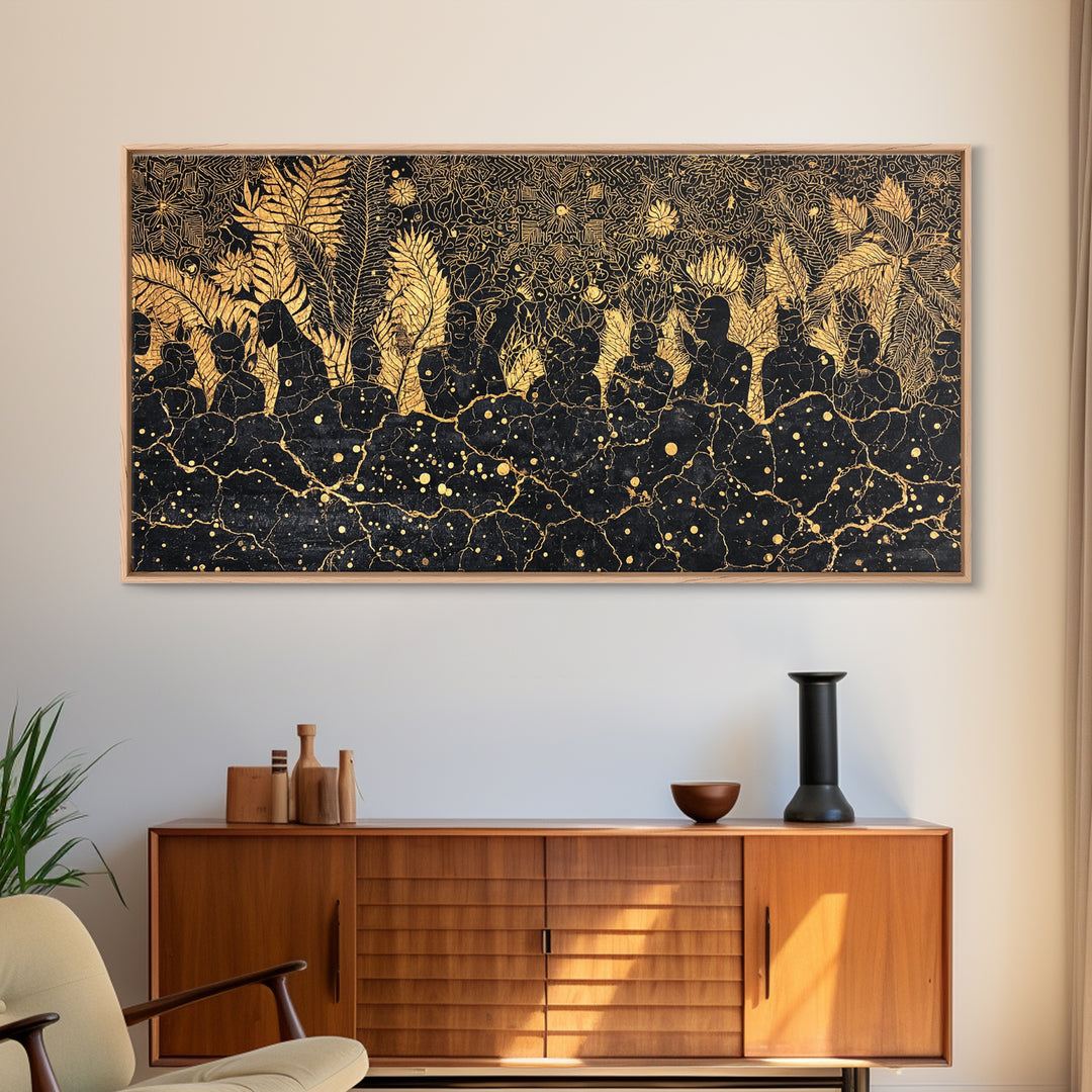 Golden African Women In Jungle Foliage Canvas Print, Black Gold Afrocentric Wall Decor, Tribal Culture Art For Living Room