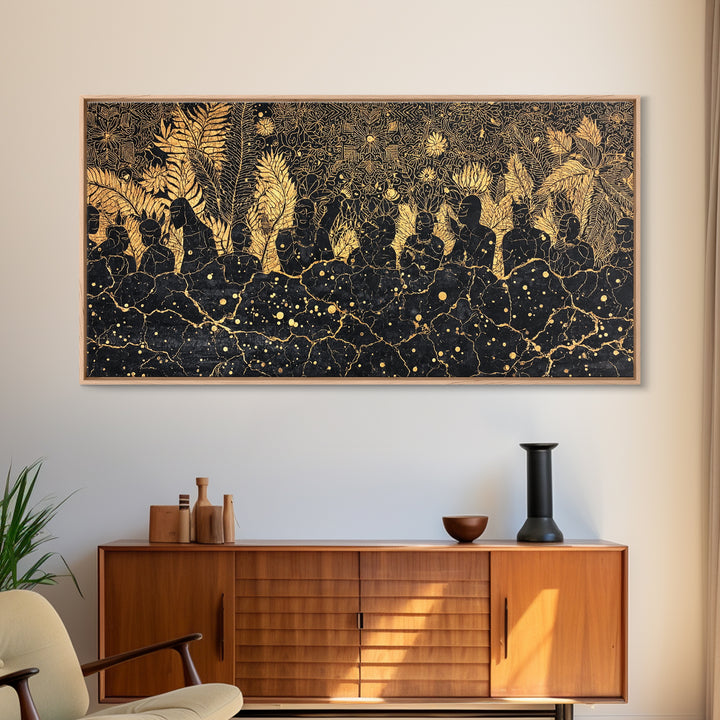 Golden African Women In Jungle Foliage Canvas Print, Black Gold Afrocentric Wall Decor, Tribal Culture Art For Living Room