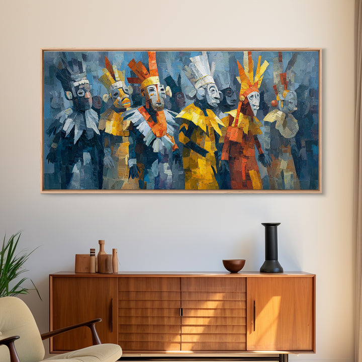 Cubist African Masked Warriors Canvas Print, Ceremonial Tribal Queen Wall Decor, Modern African Art For Bold Home Decor Gift