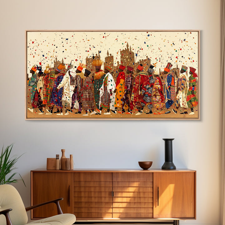 Vibrant African Festival Procession Canvas Print, Ankara Fashion Parade Wall Decor, Cultural Celebration Art For Living Room