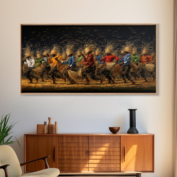 Dynamic African Dancers With Golden Straw Canvas Print, Motion Filled Tribal Wall Decor, Black Gold Cultural Art Gift For Home