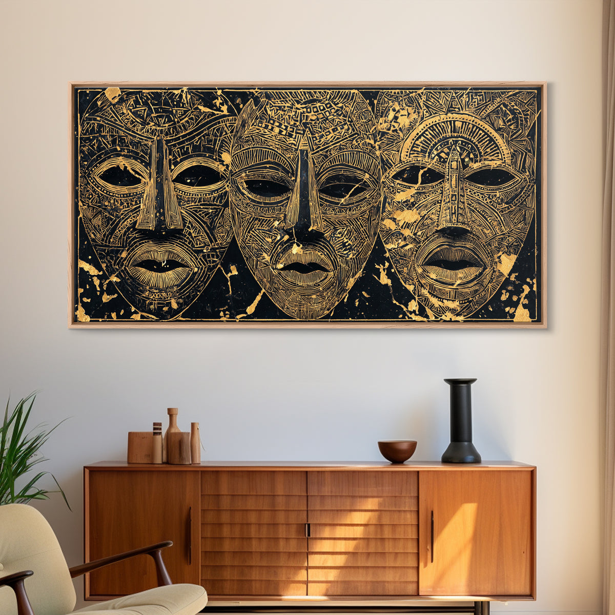 Golden African Tribal Masks Canvas Print, Abstract Mask Art, Afrocentric Wall Decor, Black And Gold Cultural Home Decor Gift