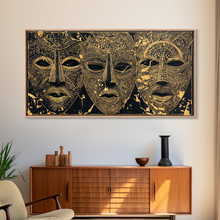 Golden African Tribal Masks Canvas Print, Abstract Mask Art, Afrocentric Wall Decor, Black And Gold Cultural Home Decor Gift