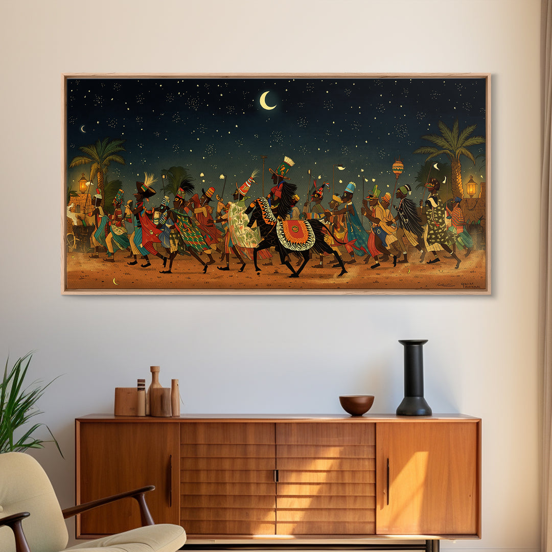 Moonlit African Camel Procession Wall Art, Desert Festival Painting, African Safari Art, Cultural Decor For Living Room Gift
