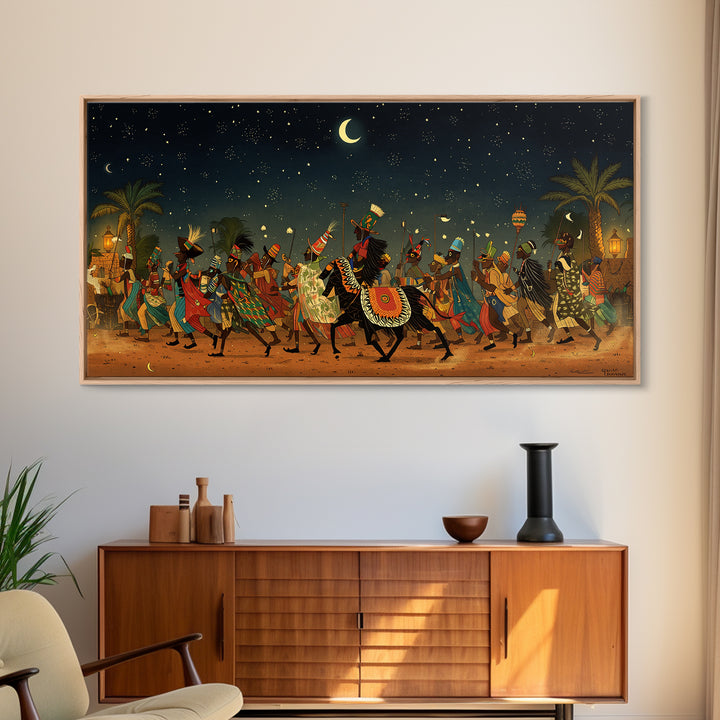 Moonlit African Camel Procession Wall Art, Desert Festival Painting, African Safari Art, Cultural Decor For Living Room Gift