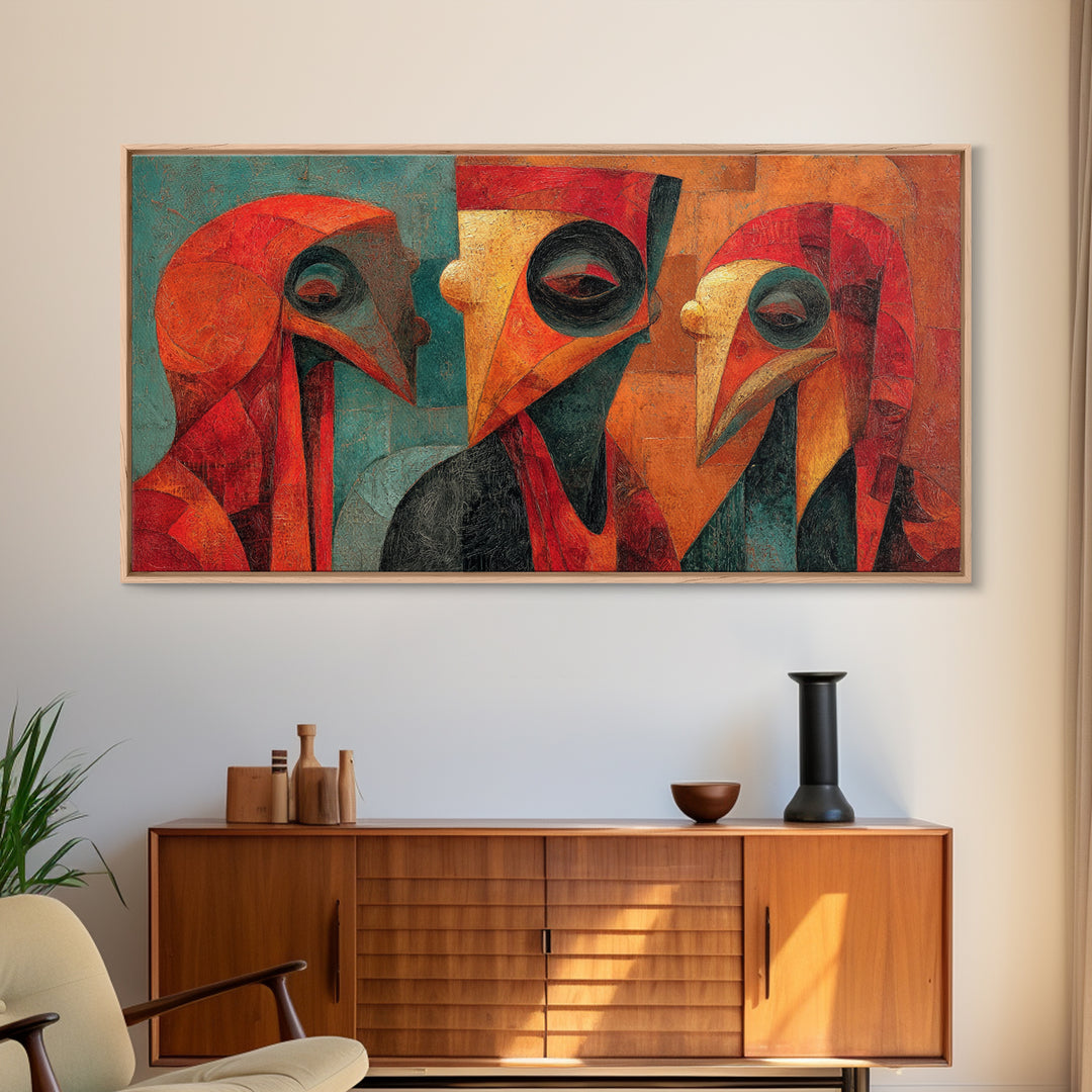 Cubist African Bird Mask Trio Wall Art, Abstract African Art, Modern Tribal Portrait, Burnt Orange Decor Canvas Print Gift
