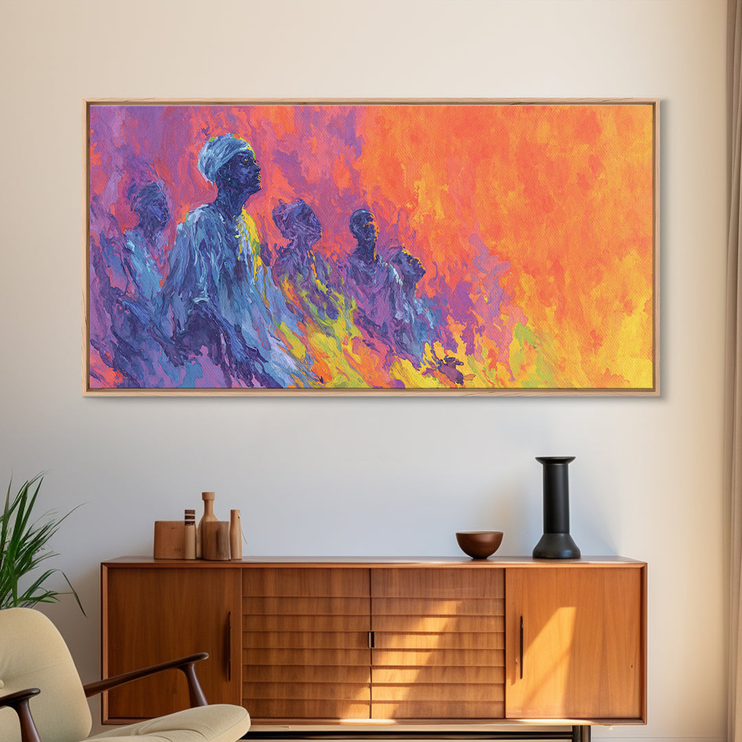 Blue Ancestral Figures By Fire Wall Art, Abstract African Art, Spiritual Cultural Painting, Orange And Purple Decor Gift