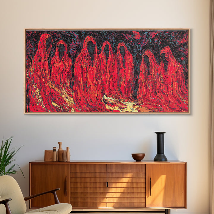 Red Spirit Procession Abstract Wall Art, African Inspired Figures, Mystical Cultural Painting, Bold Black And Red Decor Gift