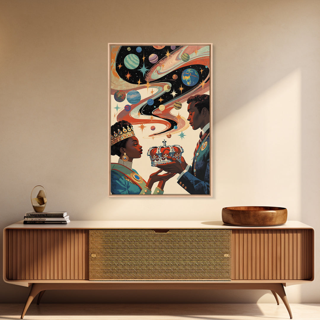 Afrofuturist Royal Couple Wall Art, Cosmic African Queen And King Canvas Print, Black Love Decor, Planets Crown Home Gift
