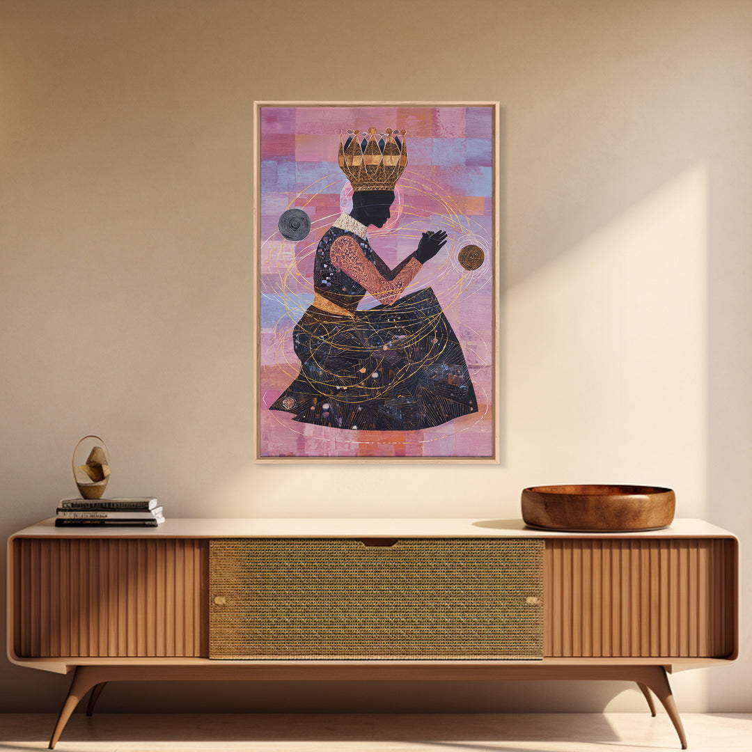 Seated African Queen Silhouette Canvas Print, Pink Cosmic Wall Art, Black Woman Art Home Decor, Feminine Afrocentric Gift