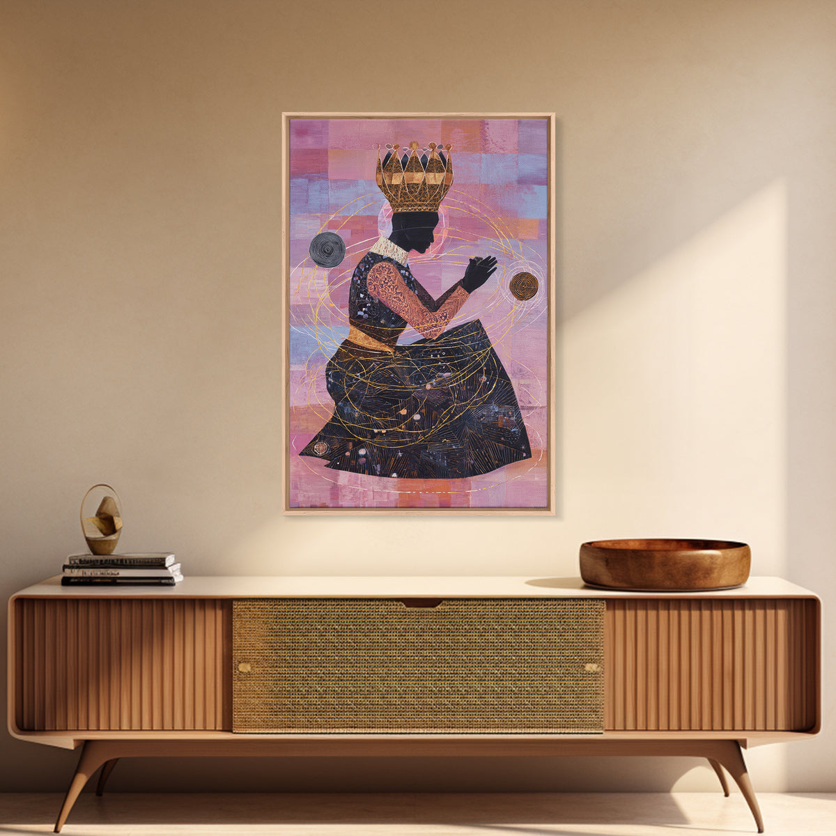 Seated African Queen Silhouette Canvas Print, Pink Cosmic Wall Art, Black Woman Art Home Decor, Feminine Afrocentric Gift