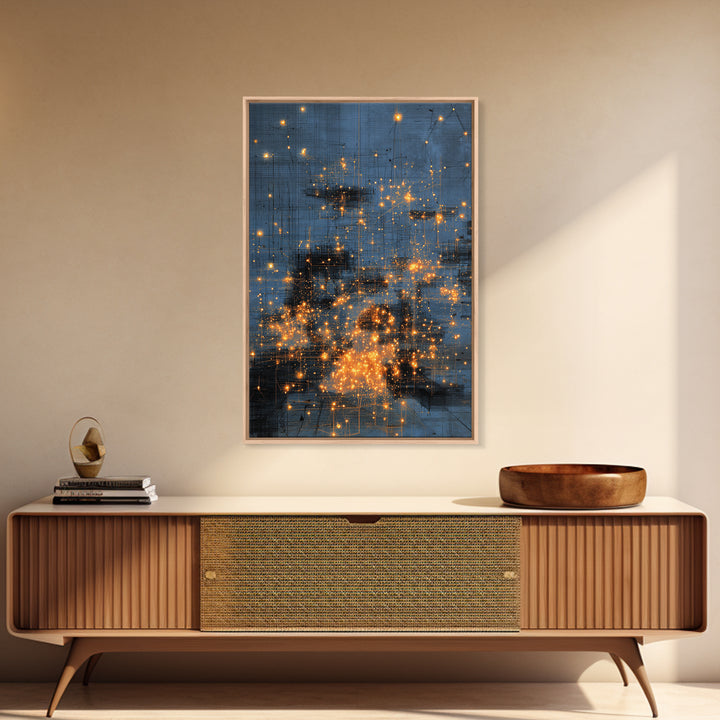 Blue Abstract City Lights Wall Art, Gold Spark Modern Canvas Print, Urban Office Decor, Dreamy Digital Art Luxury Home Gift