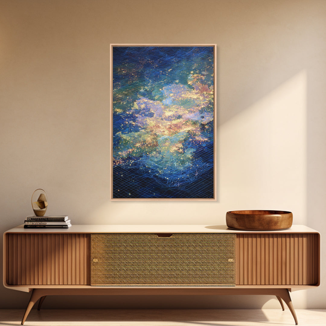 Celestial Ocean Abstract Wall Art, Blue Gold Starry Canvas Print, Dreamy Nature Scene Art, Modern Luxury Home Decor Gift